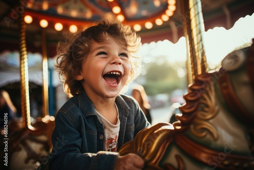 Cheerful young boy having fun at an amusement park playing carousel © piai
