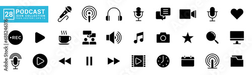 Collection of podcast icon, podcasting, radio, microphone, audio, record, news, video, vector template editable and resizable EPS 10