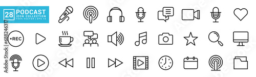 Collection of podcast icon, podcasting, radio, microphone, audio, record, news, video, vector template editable and resizable EPS 10