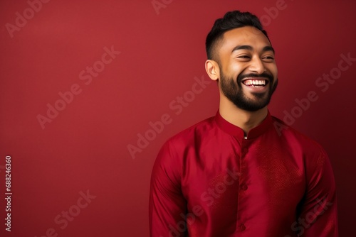 Young indian man smiling, wearing cheongsam, one color background, copy space . generative ai © Nia™