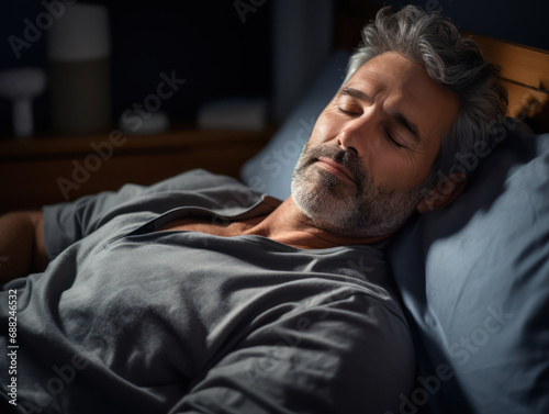 old man sleeping soundly in bed, exhausted from working all day