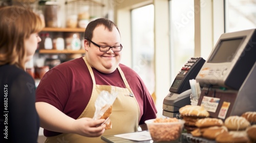 Young man with down syndrome working in city cafe