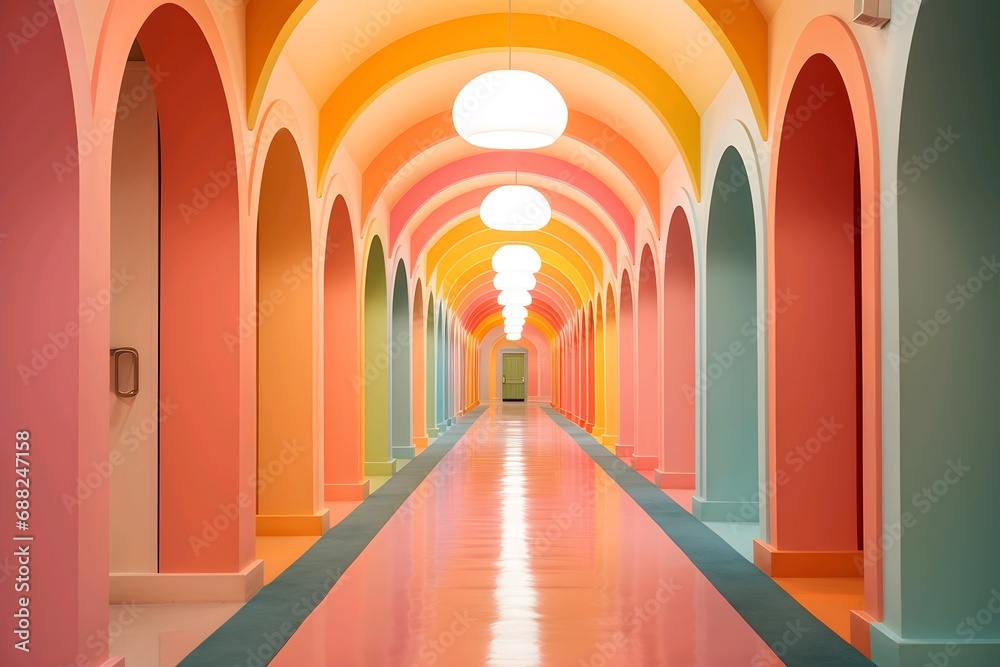Colorful arched hallway with vibrant pink, orange, and yellow tones and symmetrical design.