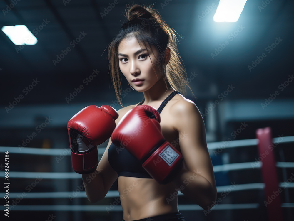 Asian woman wearing red boxing gloves, female martial arts sport concept