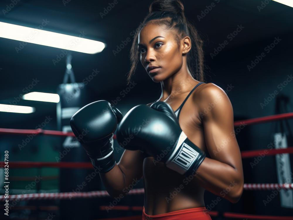 African woman wearing red boxing gloves, female martial arts sport concept