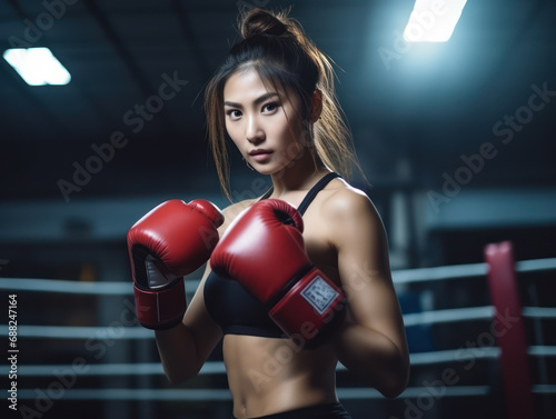 Asian woman wearing red boxing gloves, female martial arts sport concept © Kedek Creative