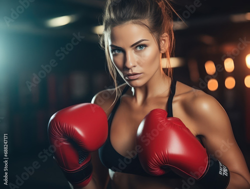 blonde woman wearing red boxing gloves, female martial arts sport concept © Kedek Creative