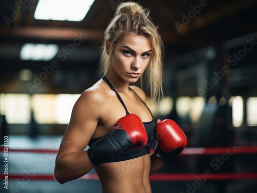 blonde woman wearing red boxing gloves, female martial arts sport concept