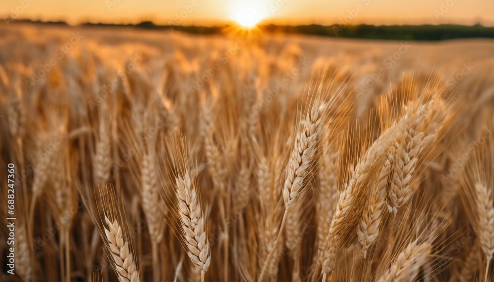 Fototapeta premium Dawn or dusk in cultivated field - closeup of wheat ear during golden hour
