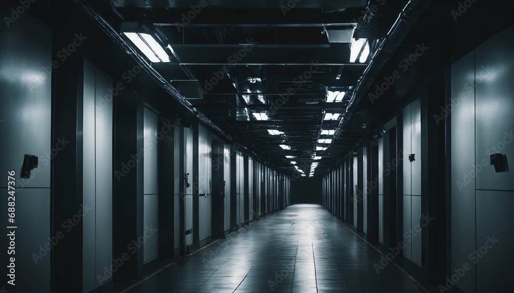 Mysterious corridor with fluorescent lights - eerie atmosphere, futuristic passage, industrial look, dark shadows, suspenseful sci-fi scene, thriller mood