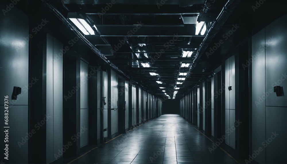 Mysterious corridor with fluorescent lights - eerie atmosphere, futuristic passage, industrial look, dark shadows, suspenseful sci-fi scene, thriller mood Mysterious corridor with fluorescent lights - eerie atmosphere, futuristic passage, industrial look, dark shadows, suspenseful sci-fi scene, thriller mood