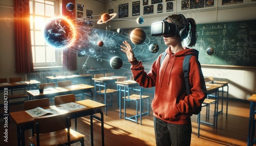 Smart schoolgirl studying astronomy with VR glasses - simulation science, futuristic gadget, virtual reality headset for learning photo