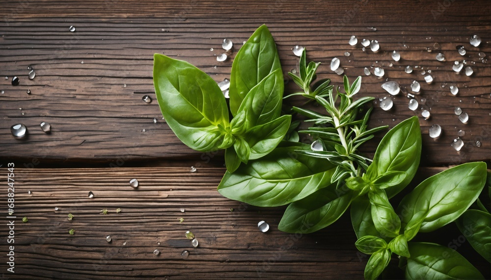 Culinary herbs in macro texture - fresh basil, oregano, rosemary with dew, vibrant foliage, herbal garden, divided sections Culinary herbs in macro texture - fresh basil, oregano, rosemary with dew, vibrant foliage, herbal garden, divided sections
