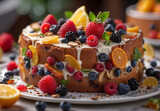 fruit cake with berries and citrus fruits, confectionery product