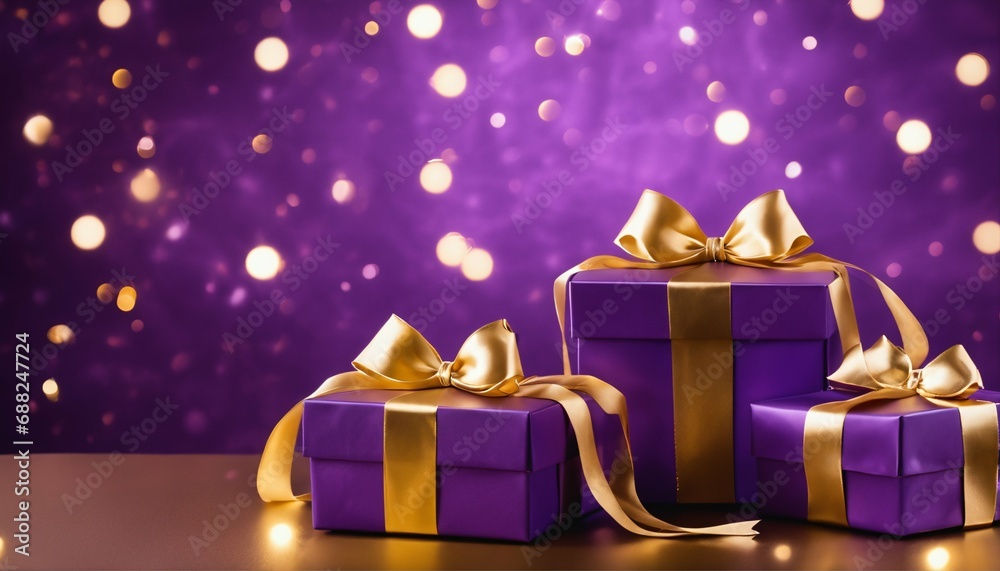 Warm lights bokeh behind lilac and golden gift boxes - shiny, festive Warm lights bokeh behind lilac and golden gift boxes - shiny, festive