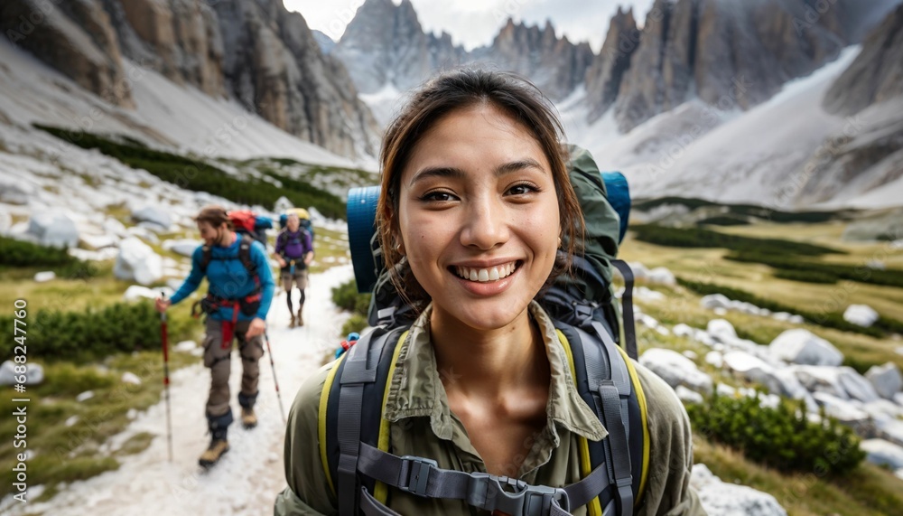 Hiking lifestyle concept - woman mountaineering with backpack, adventure in mountains, outdoor landscape