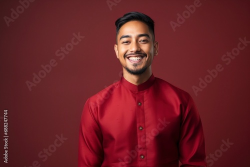 Young indian man smiling, wearing cheongsam, one color background, copy space . generative ai