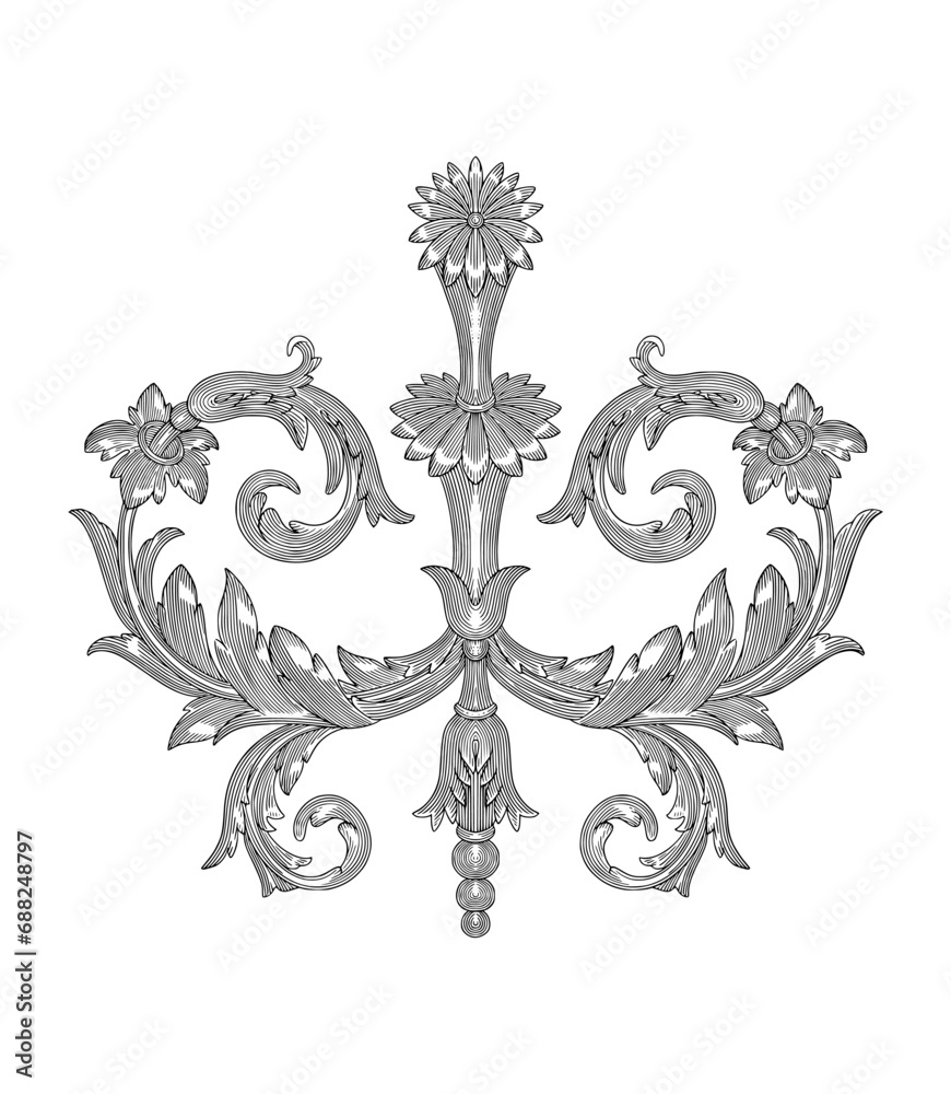Vintage baroque floral ornament frame, Victorian antique decoration engraving illustration