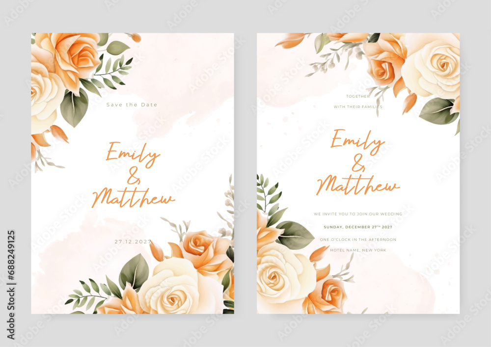 Peach and white rose set of wedding invitation template with shapes and flower floral border