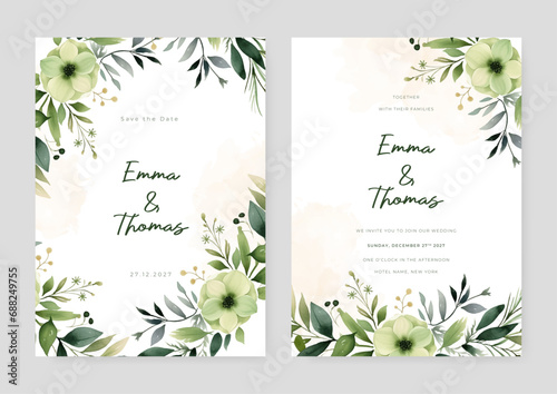 Green poppy floral wedding invitation card template set with flowers frame decoration