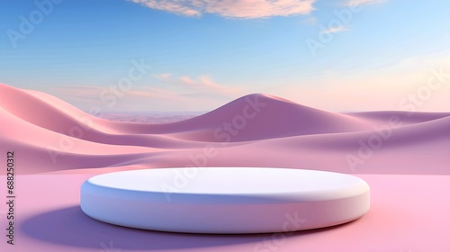 Minimalist white podium with pink sand dunes in the background, ideal for product display.
