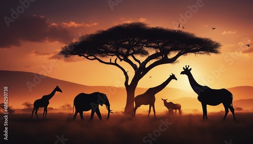 African sunset with silhouettes of wild animals