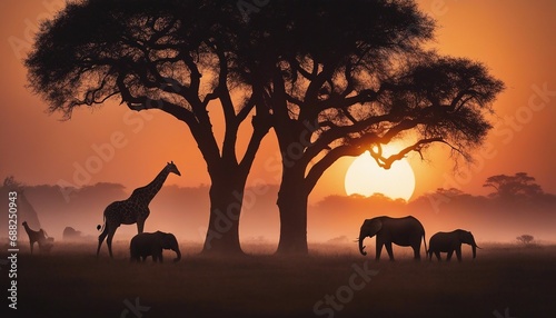 African sunset with silhouettes of wild animals  