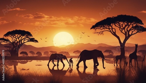 African sunset with silhouettes of wild animals  