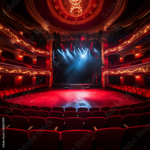 an empty theatre with red seats and lights at an open stage
