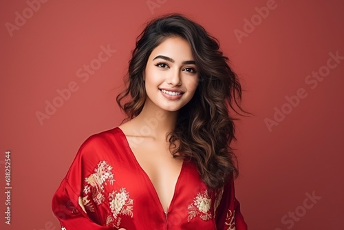 beautiful Young arab woman smiling, wearing cheongsam, one color background, copy space, generative ai