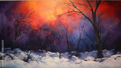 A black soot-covered snowscape transforms into a canvas for multidimensional art, adorned with a striking split complementary color scheme. The interplay of dimensions and colors is enchanting.