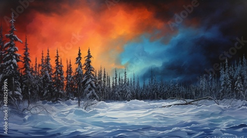 A black soot-covered snowscape transforms into a canvas for multidimensional art, adorned with a striking split complementary color scheme. The interplay of dimensions and colors is enchanting.