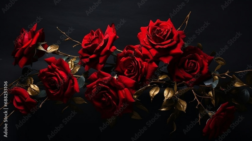 A breathtaking photograph of red roses, their radiant red petals complemented by gold leaves and stems, all against a dramatic black backdrop. A visual masterpiece.