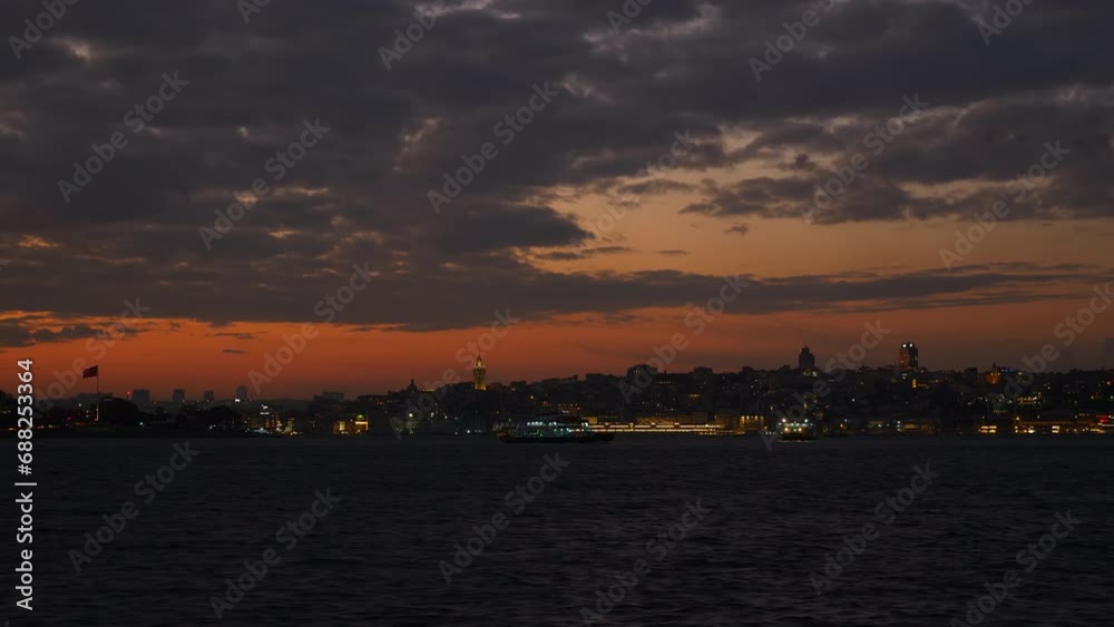 night sunset sky istanbul city famous touristic bay ferry passenger pov panorama 4k turkey night sunset sky istanbul city famous touristic bay ferry passenger pov panorama 4k turkey