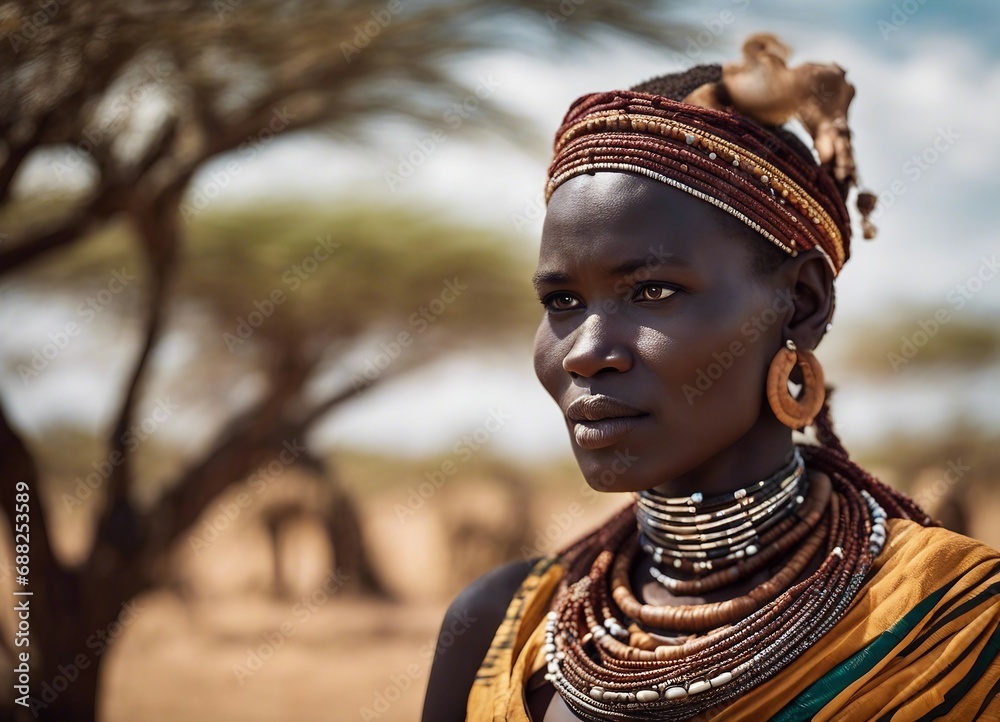 Portrait of Turkana woman in traditional clothes
Portrait of Turkana woman in traditional clothes