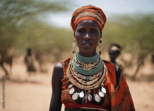 Portrait of Turkana woman in traditional clothes  