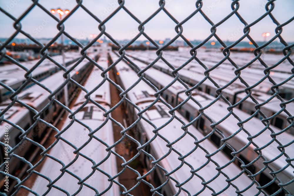 A train depot yard behind a fence in New York City at sunset A train depot yard behind a fence in New York City at sunset