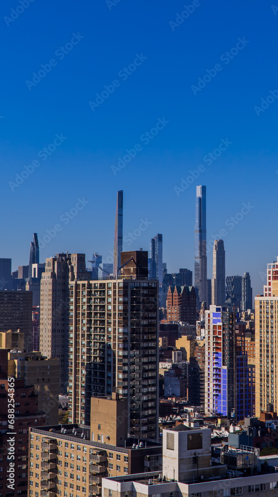 Aerial panorama view of Manhattan seen from Upper East Side rooftop
