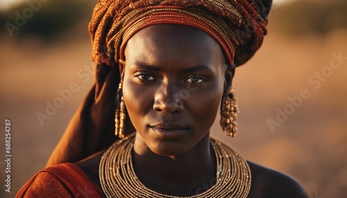 Portrait of Turkana woman in traditional clothes  golden hour  Northern Kenya