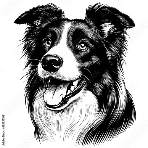 Happy Border Collie portrait. Hand Drawn Pen and Ink. Vector Isolated in White. Engraving vintage style illustration for print, tattoo, t-shirt, sticker