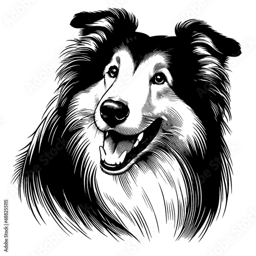 Happy Rough Collie portrait. Hand Drawn Pen and Ink. Vector Isolated in White. Engraving vintage style illustration for print, tattoo, t-shirt, coloring book