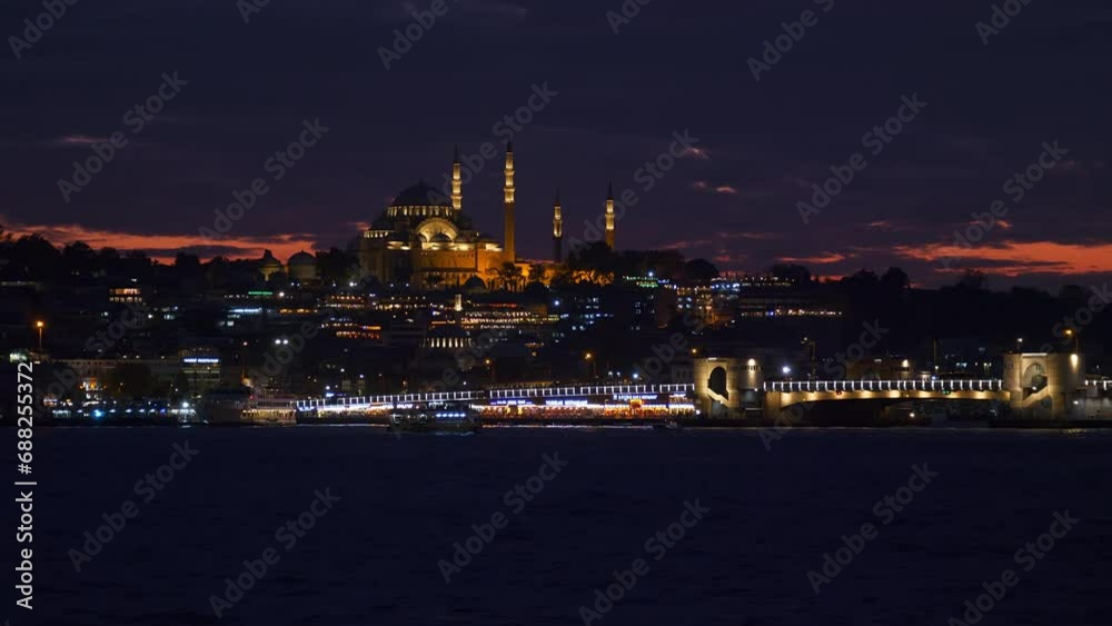 night sunset sky istanbul city center mosque famous touristic bay bridge yacht ride pov panorama 4k turkey night sunset sky istanbul city center mosque famous touristic bay bridge yacht ride pov panorama 4k turkey