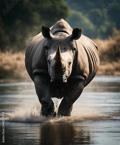 Rhino swims across the river at nature