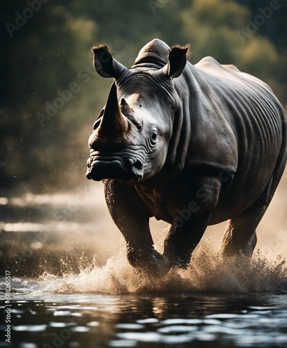 Rhino swims across the river at nature