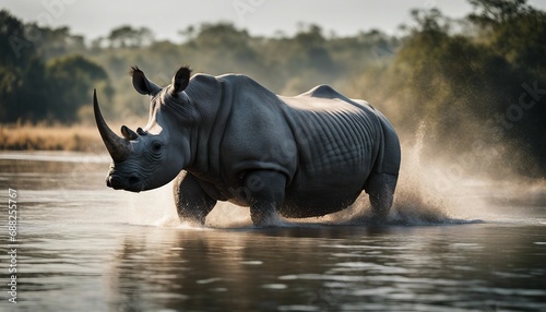 Rhino swims across the river at nature  