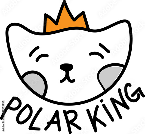 Polar king white arctic bear. Animal.  Crown. Happy, smiling, majesty, kids cartoon character. Cute, nice, lovely, friendly, funny vector illustration.