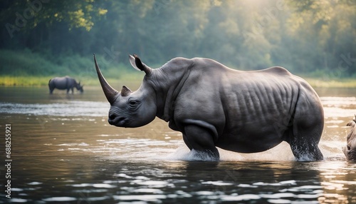 Rhino swims across the river at nature  