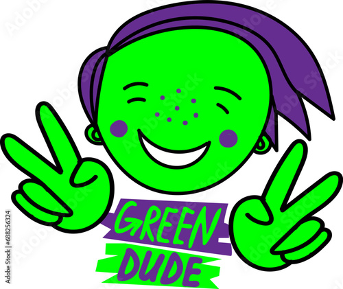 Funny, cool, monster, green, dude,  cartoon character, friendly and pleasant happy, smiling face with purple hair. Bright style. Cute vector illustration. 