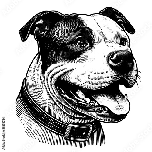 Happy Pitbull Terrier portrait. Hand Drawn Pen and Ink. Vector Isolated in White. Engraving vintage style illustration for print, tattoo, t-shirt, sticker photo
