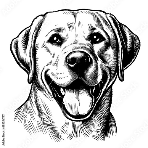 Happy Labrador portrait. Hand Drawn Pen and Ink. Vector Isolated in White. Engraving vintage style illustration for print, tattoo, t-shirt, sticker